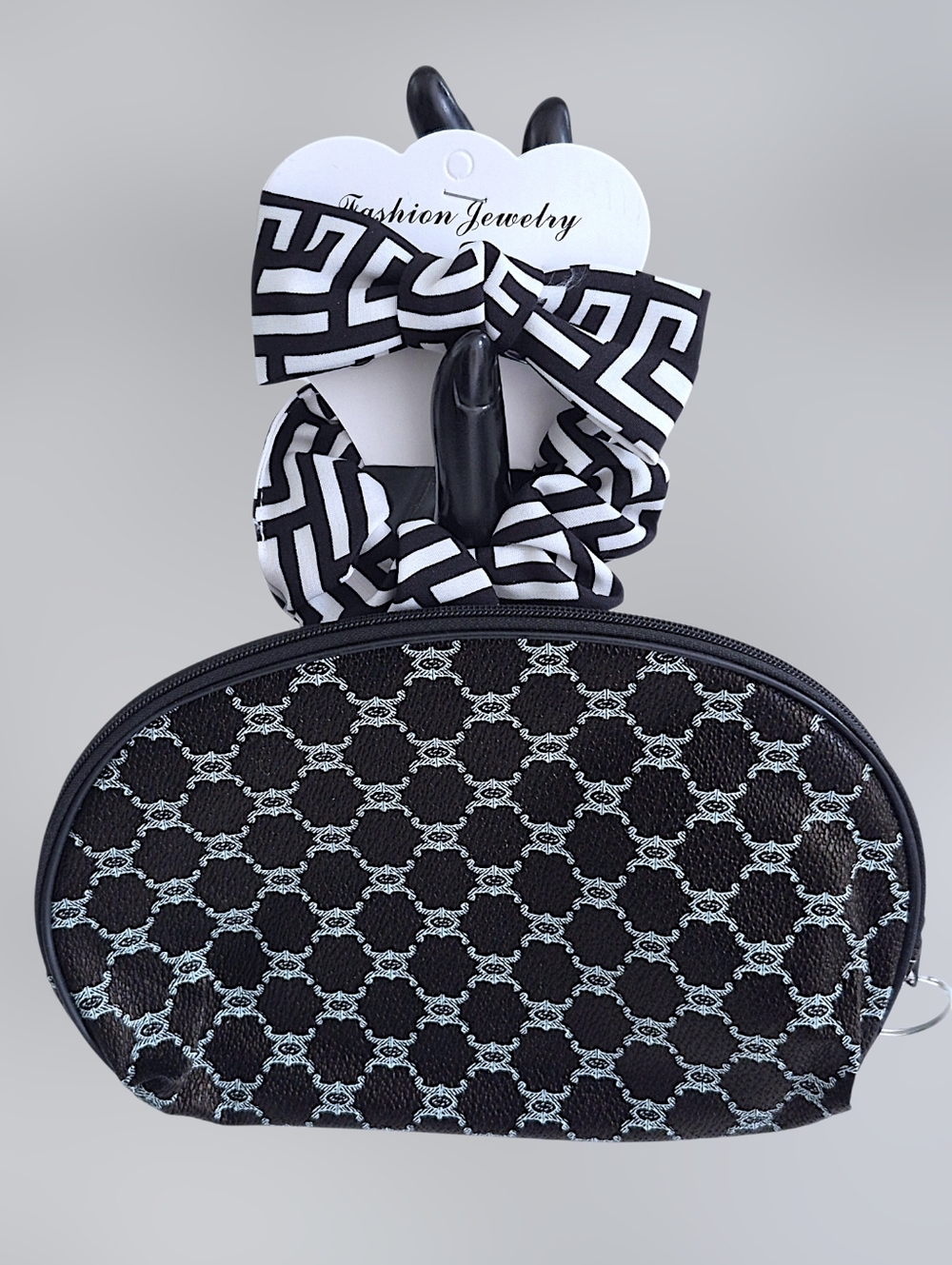 Black & Lt. Blue Monogram Pouch with Bow & Scrunchie - 3 Pc. Set
